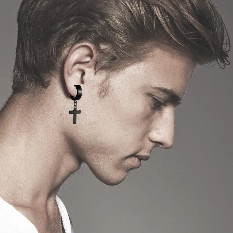1-5 Pairs Stainless Steel Earrings Cross Dangle Hinged Earrings, Cubic Zirconia Stud Earrings For Men, Ear Piercing Jewelry