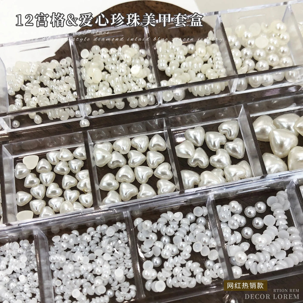 12 Grids Pearls White Nail Flatback Bright Elegant  Mix Sizes Nail Tips Beauty Nail Art Decoration For DIY Manicure Nail Charms