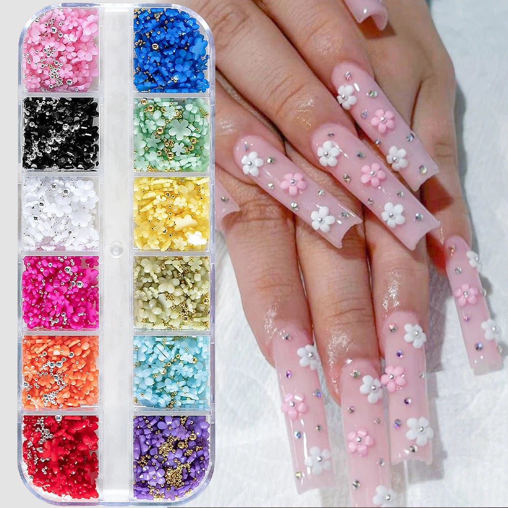 12Grids 3D Acrylic Flowers Nail Charms(with Steel Beads) Colorful Five-petal Flower Nail Art Decorations DIY Manicure Supplies &