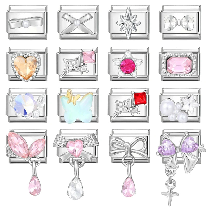 Y2K Romantic Heart Eyes Star Bow Knot Butterfly Zircon Charm Italian Links Fit 9mm Bracelet Stainless Steel Making DIY Jewelry