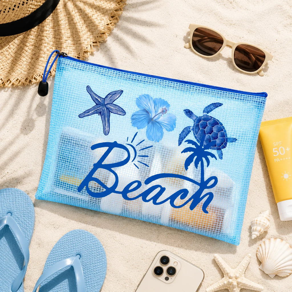 Blue Mesh Beach Pouch, Transparent Waterproof Zipper Travel Toiletry Bag for Women Swim Pool Vacation Organizer