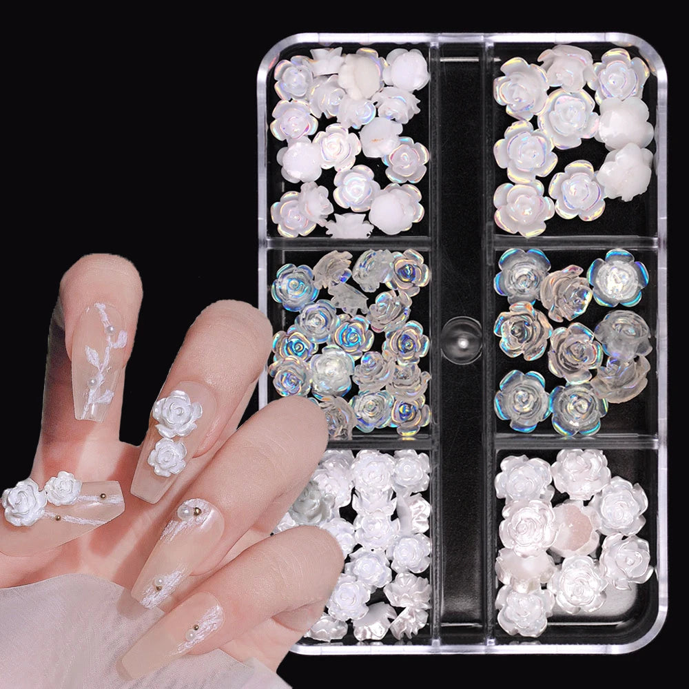 3D White Aurora Camellia Nail Art Charms Rhinestones 90PCS Jewelry Acrylic Resin Decorations DIY Crafts Flowers Manicure Design