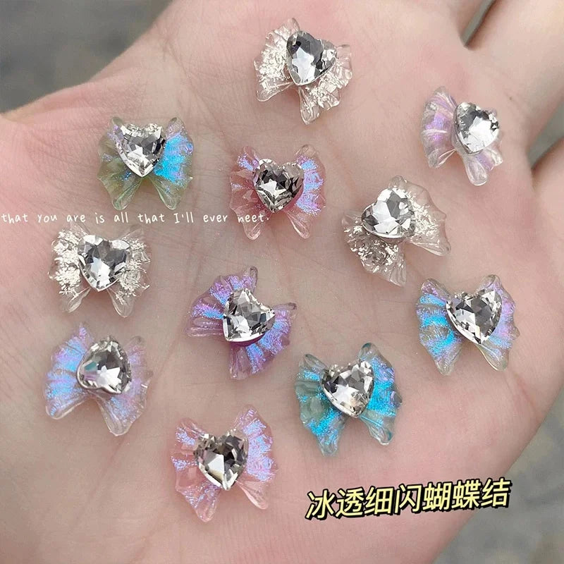 10pcs 3D White Glitter Bowknot Nail Art Charms Sparkle Ice Clear Resin Love Heart Diamond Nail Art Decorations Kawaii Nail Gems