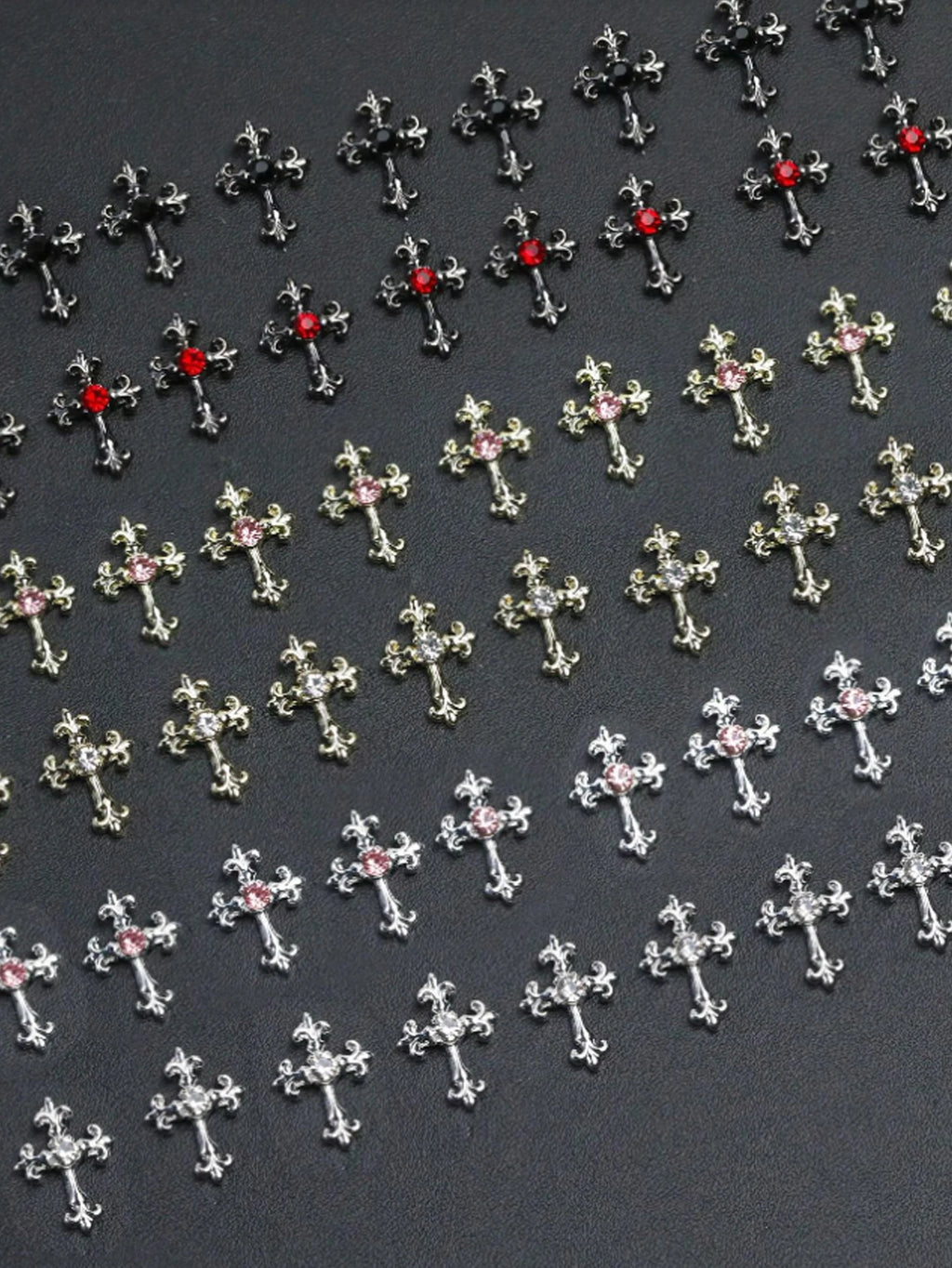 60pcsY2K Gold, Silver And Black Cross Nail Decoration Set With Rhinestones Black, White, Pink, Red Rhinestones Alloy Nail Art