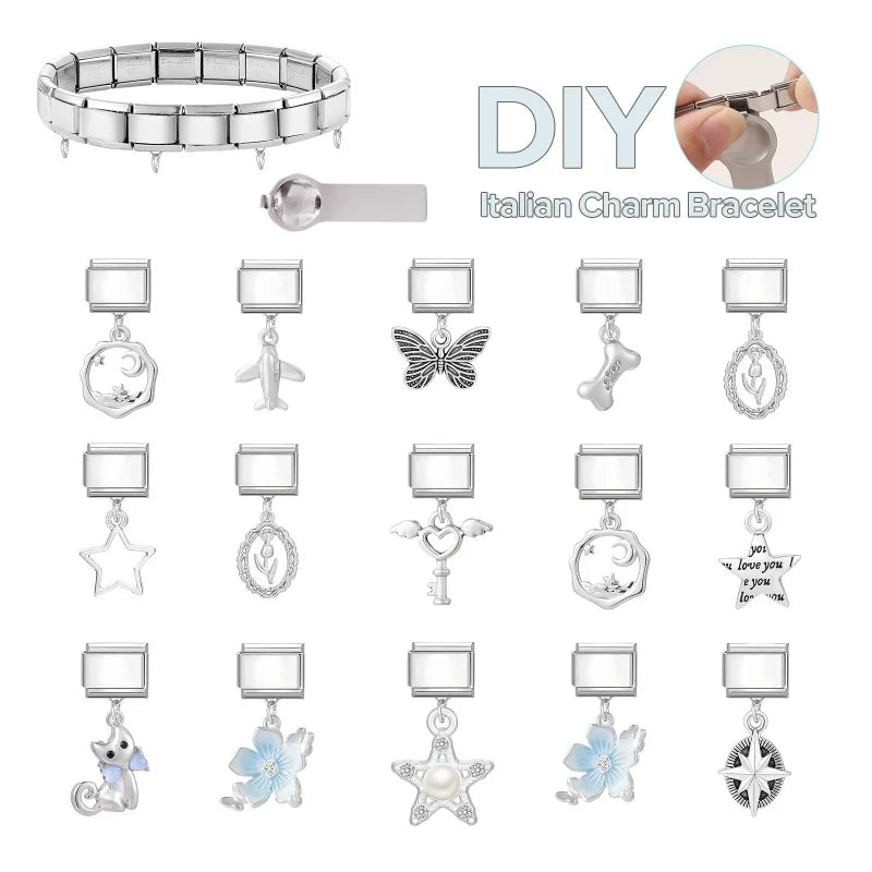 Cute Y2K Cat Butterfly Heart Flower Crab Star Bow Pendant Italian Charm Link Stainless Steel Fit 9mm Bracelet DIY Making Jewerly