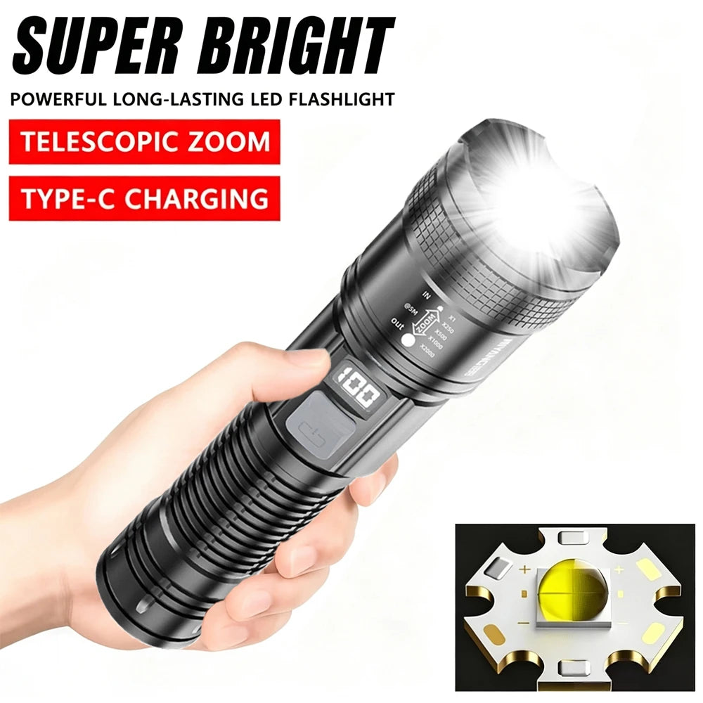 Bright LED Flashlight, USB Rechargeable Tactical Torch, Long Range Zoomable Waterproof Lamp for Camping Hiking Fishing Hunting