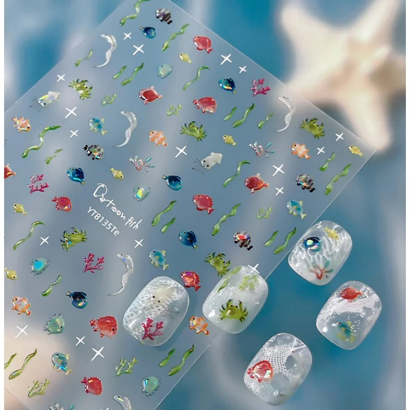 Summer Ocean Theme Nail Sticker Cute and Colorful Fish Seaweed Patterns Self Adhesive Nail Art Sticker Decorations Nail Stickers