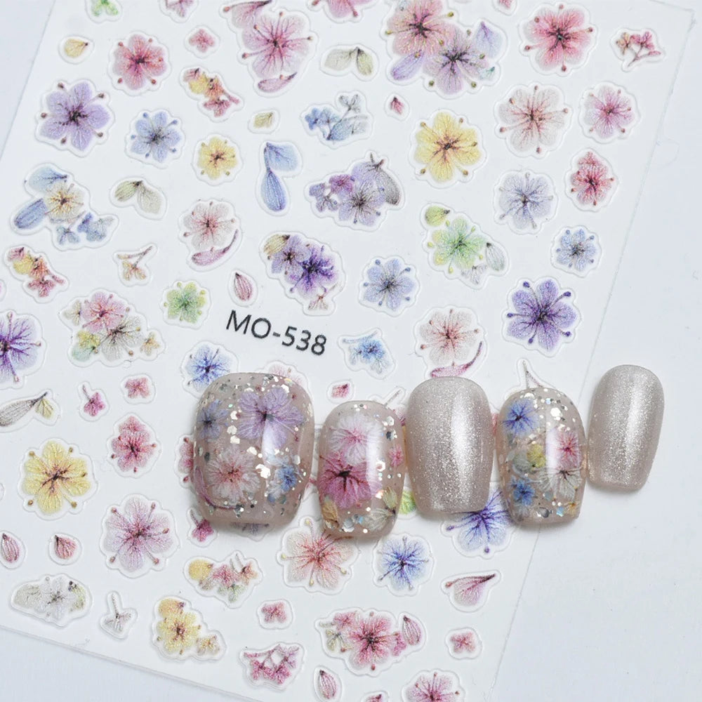 2pcs Dried Flowers Spring Summer 3D Nail Art Stickers Colorful Flowers Leaves Nail Decals DIY Manicure Nail Supplies Decorations