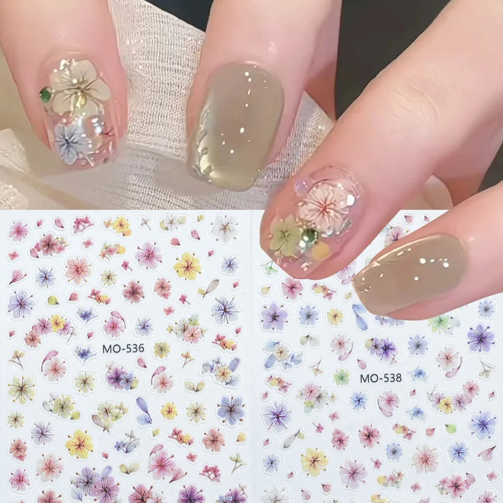 2pcs Dried Flowers Spring Summer 3D Nail Art Stickers Colorful Flowers Leaves Nail Decals DIY Manicure Nail Supplies Decorations