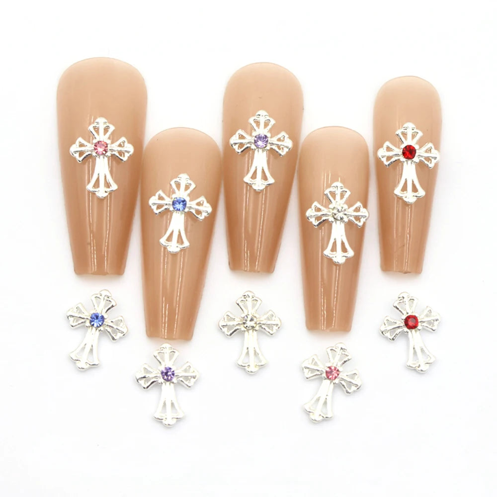 10Pcs Vintage Style Cross Nail Art Charms 3D European Americany Premium Metal Style Heart Nail Decoration DIY Nail Accessories