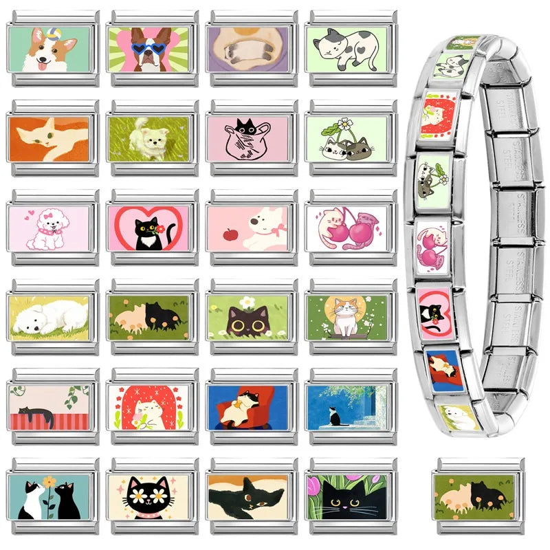 Wholesale 2025 Fashion Cute Black Cat Series Dog Pet Animals Italian Charm Fit 9mm Stainless Steel Women DIY Bracelet Jewelrys