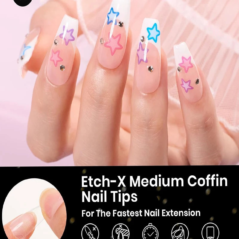 Medium-Sized Gel Nail Tips with Coffin Etching X, 12 Sizes, 120 Pieces Pre-Shaped Semi-Matte Full Coverage Press-On False Nail Tips, Acrylic False Nail Extension Kit, Easy DIY Salon Nail Art Gift