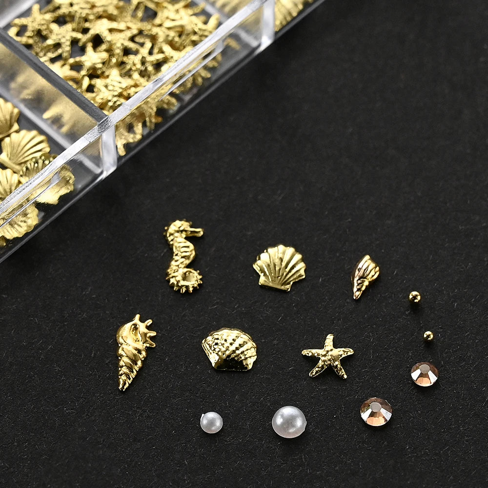 12Grids Ocean Gold Nail Art Charms Shell/Seahorse/Starfish White Half Round Pearl Gems 3D Mixed Punk Manicure Metal Rivets Studs
