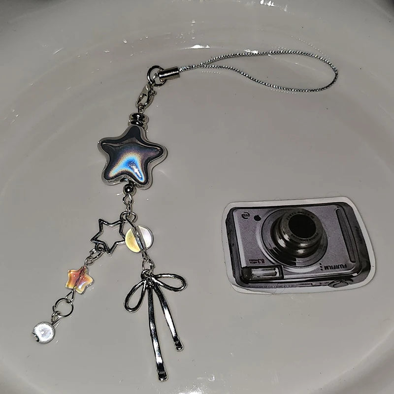 1pcs Cellphone Lanyard Keychain For Phone Style Metal Silver Star Bow Pendant Phone Charm Strap Sweet Cool Girl Pendant