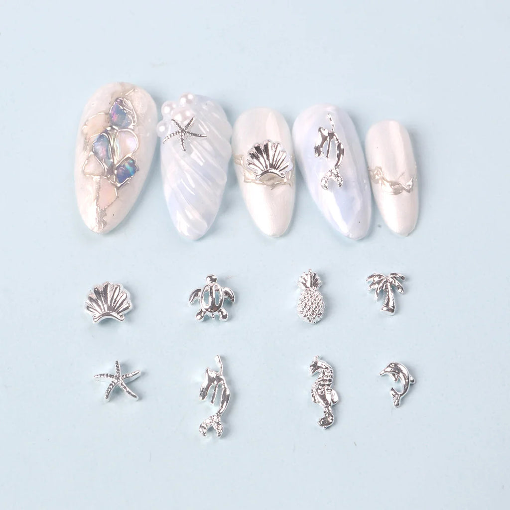TSZS 50pcs/bag Ocean Starfish Shell Nail Art Charms Silver Beach Starfish Sea Seashell Nail Decoration Metal 3D Charms for Nail