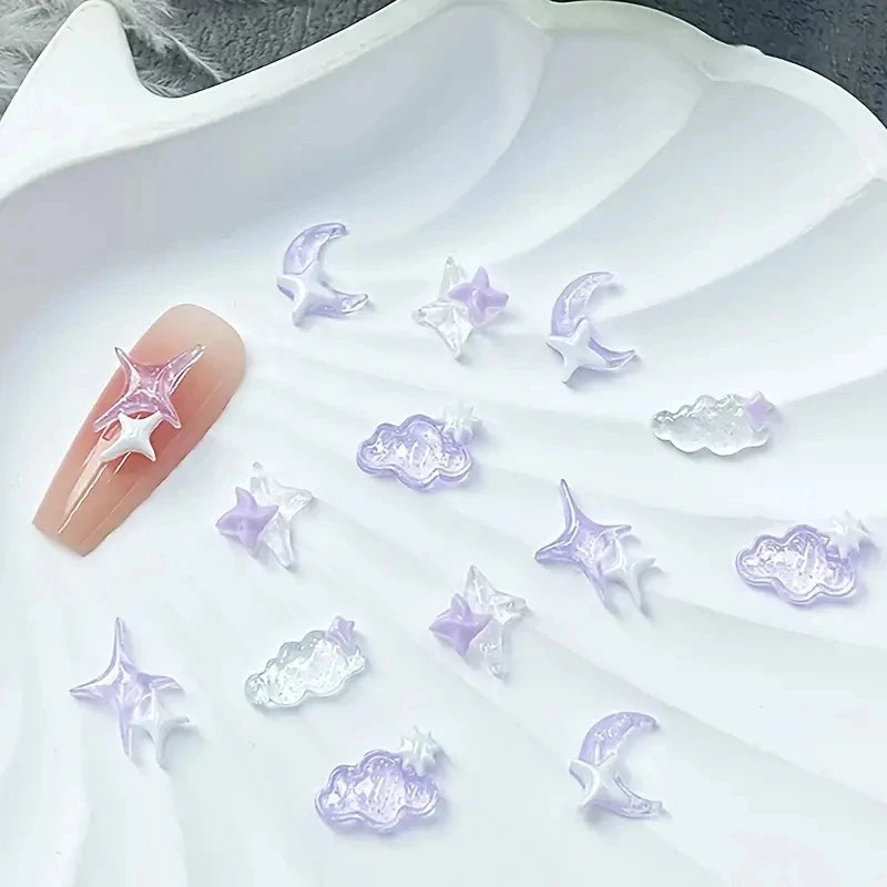 50pcs Purple Mixed 3D Moon Cloud Star Nail Charms Bulk Kawaii Lumionus Mini Ice Cloud Nail Art Decorat Accessories DIY Supplies