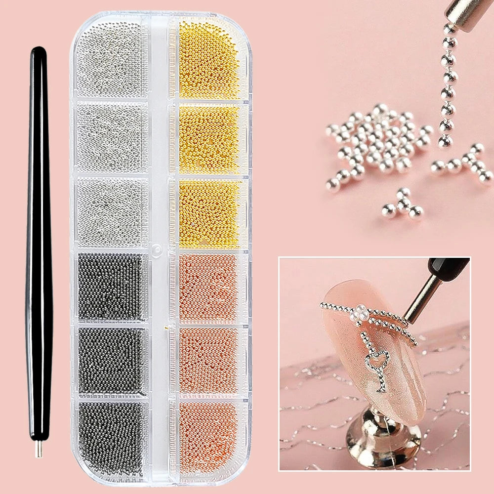 12Grids Gold/Silver Steel Beads Nail Art Charms Christmas Mixed-Size Caviar Bead With 1 Magnetic Pen Manicure Decor Rhinestones