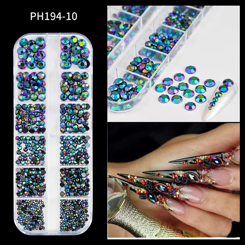 12Grids Ocean Gold Nail Art Charms Shell/Seahorse/Starfish White Half Round Pearl Gems 3D Mixed Punk Manicure Metal Rivets Studs