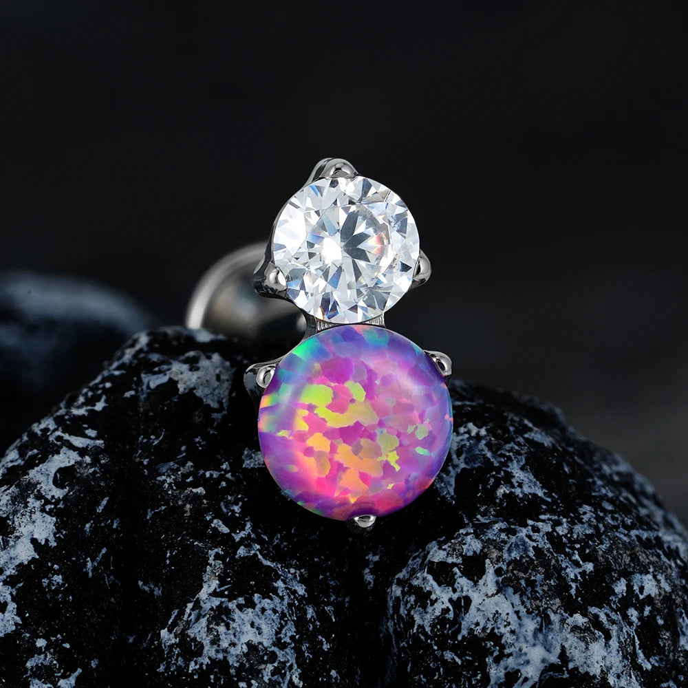 Right Grand ASTM F136 Titanium Opal and CZ Lip Stud Helix Earring 16G Internally Threaded Tragus Cartilage Conch Labret Piercing