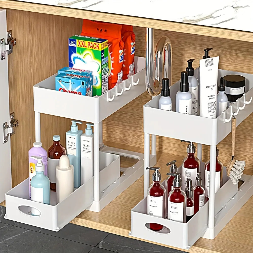 2-Tier Sliding Under Sink Organizer Multifunctional Space-Saving Bathroom Cabinet Storage Drawer