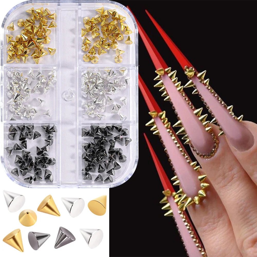 6 Grids Punk Nail Rivets Spikes Metal Studs Gold/Silver/Black Round Cone Nail Art Charms Mixed Size Nail Parts DIY Decoration