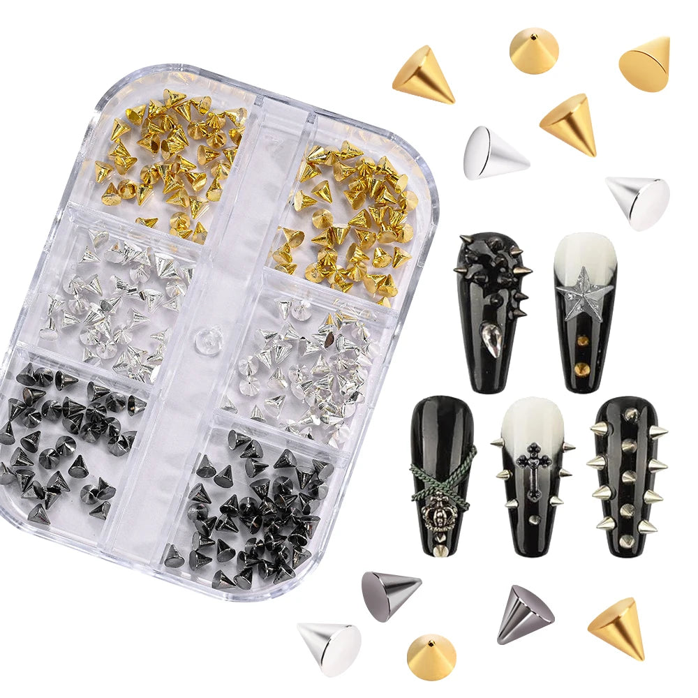 6Grids Halloween Punk Rivets Nail Art Charms Gold/Silver/Black Cone Spike Studs Nails Decorations DIY Cool Manicure Accessories