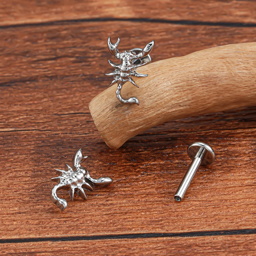 Right Grand ASTM F136 Titanium 16G Scorpion Labret Stud Flatback Zodiac Earring Tragus Cartilage Helix Piercing Body Jewelry