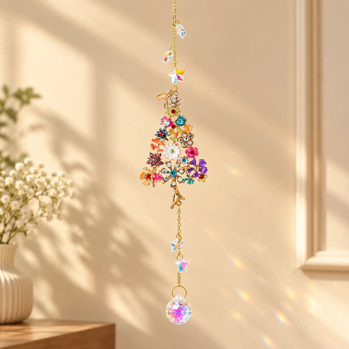 Crystal Christmas Tree Suncatcher Hanging Ornament with Rainbow Prism Ball, Sparkling Window Decor for Home Garden Gift