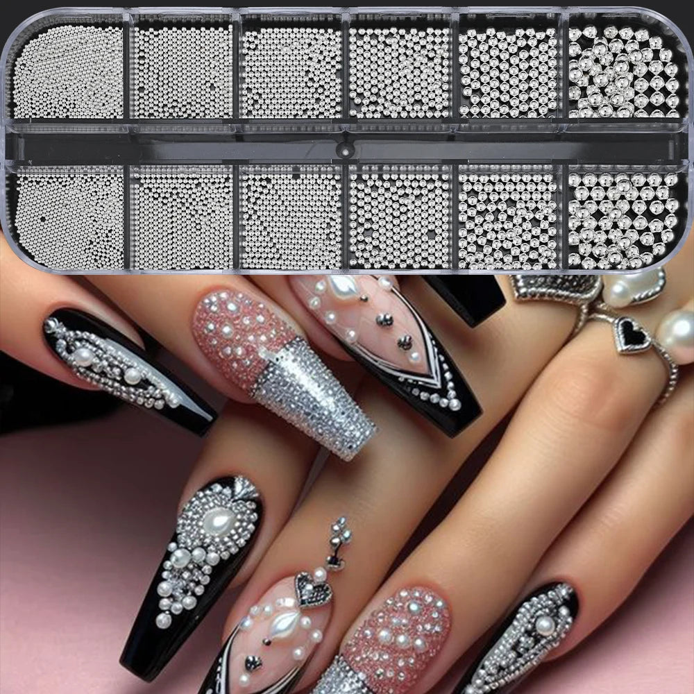 12Grids Gold/Silver Steel Beads Nail Art Charms Christmas Mixed-Size Caviar Bead With 1 Magnetic Pen Manicure Decor Rhinestones