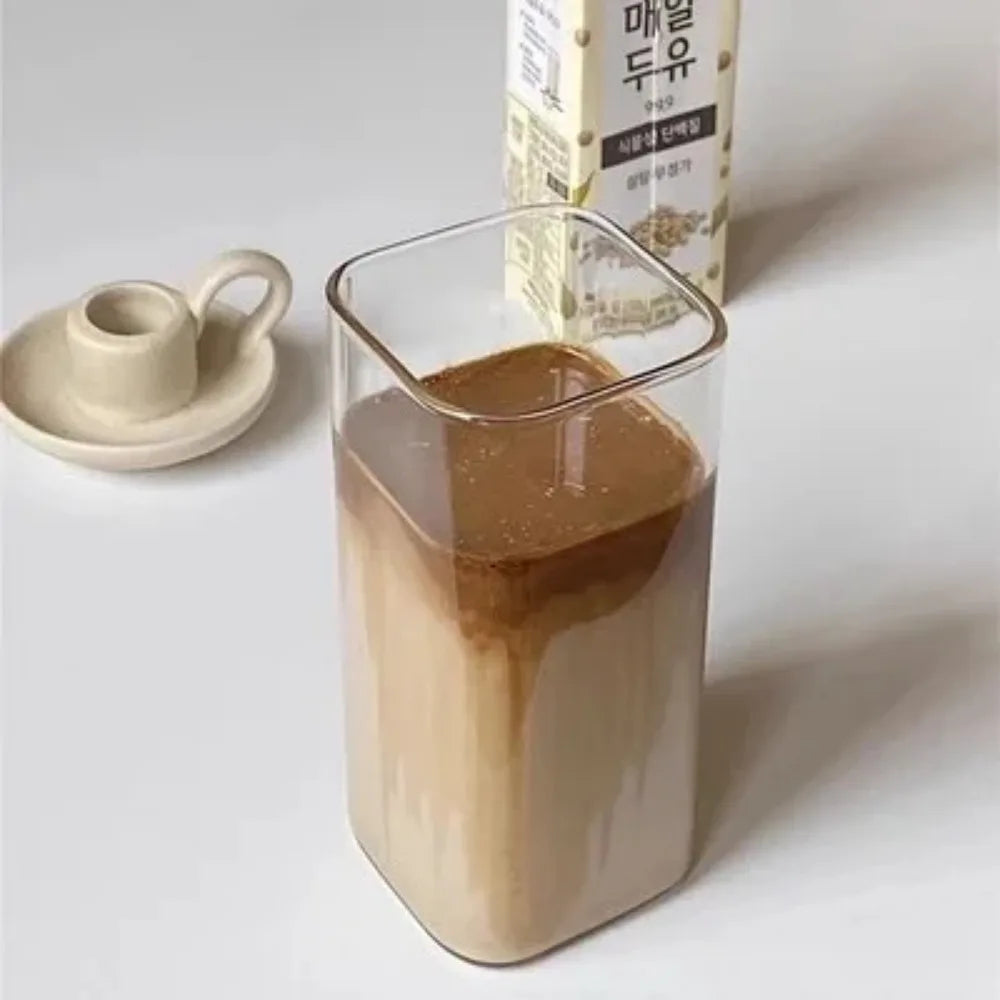 1pcs Square Heat Resistant Coffee Glass Cup With Lid and Straw Transparent Milk Tea Juice Cups Coffee Mug For Home Bar Drinkware