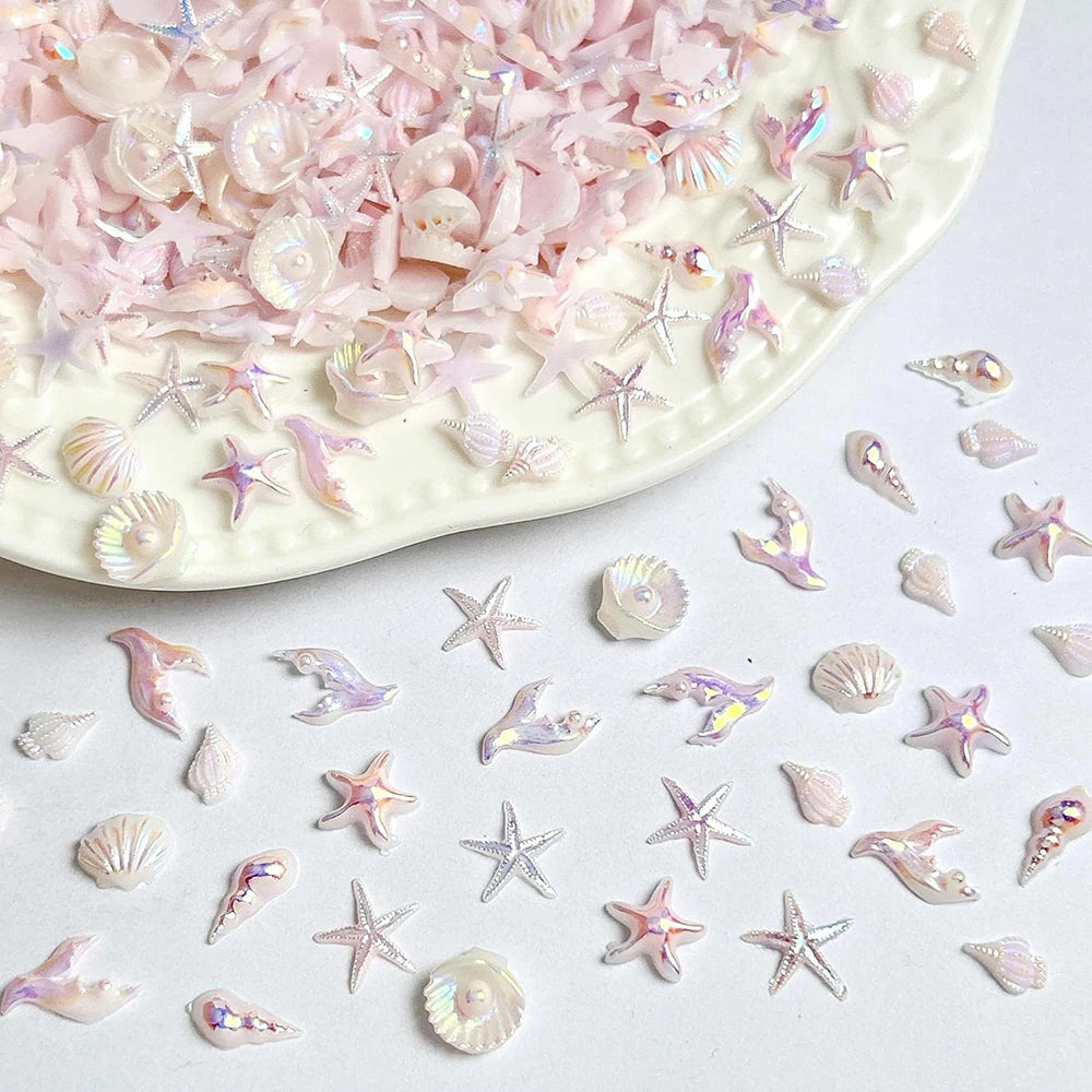 50pcs Mix Summer Beach Nail Rhinestones Ocean Theme Shell Starfish Manicure Charms Pink Ocean Gems Flat Back Nail Supplies