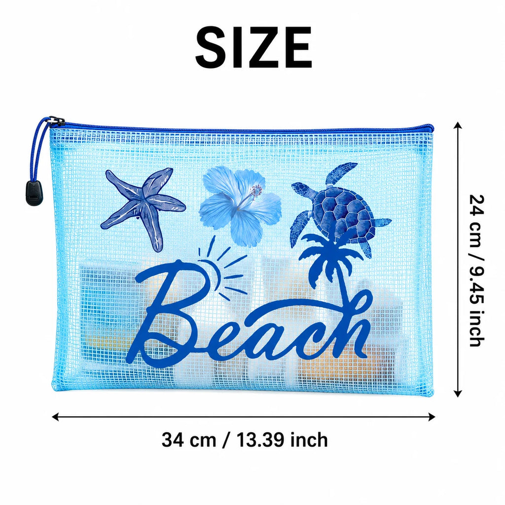 Blue Mesh Beach Pouch, Transparent Waterproof Zipper Travel Toiletry Bag for Women Swim Pool Vacation Organizer