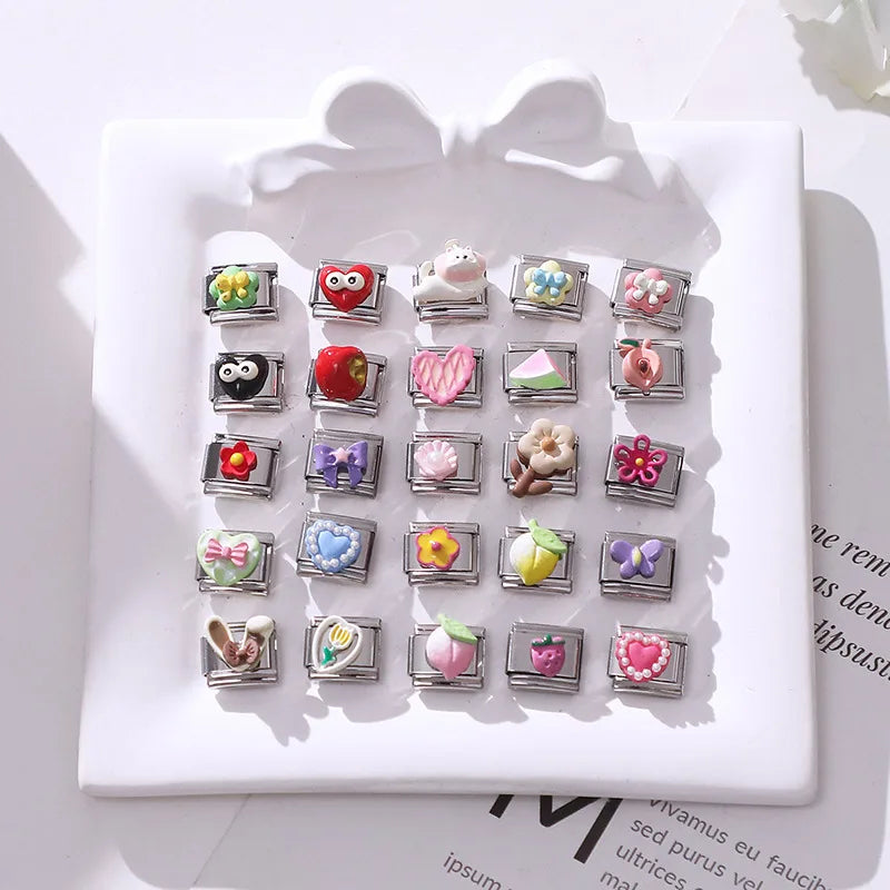 Cute Dog Heart Bow Peach Watermelon Rabbit Ear Italian Charm Links Fit 9MM Stainless Steel Bracelet Women Men Jewelry DIY Making