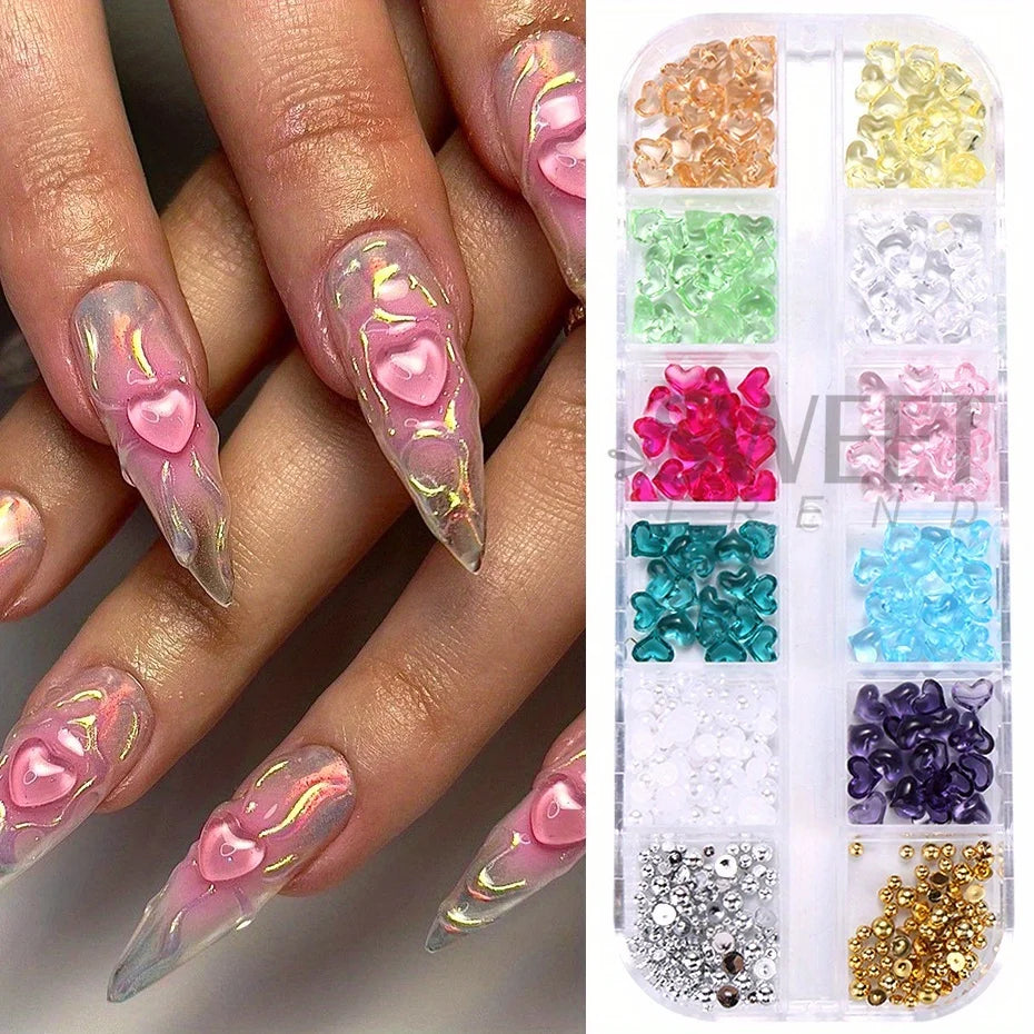 12 Grids Heart Shape Nail Art Charms Transparent Love Heart Resin Jewelry Pearl Half Bead Valentine's Decor Manicure Rhinestone