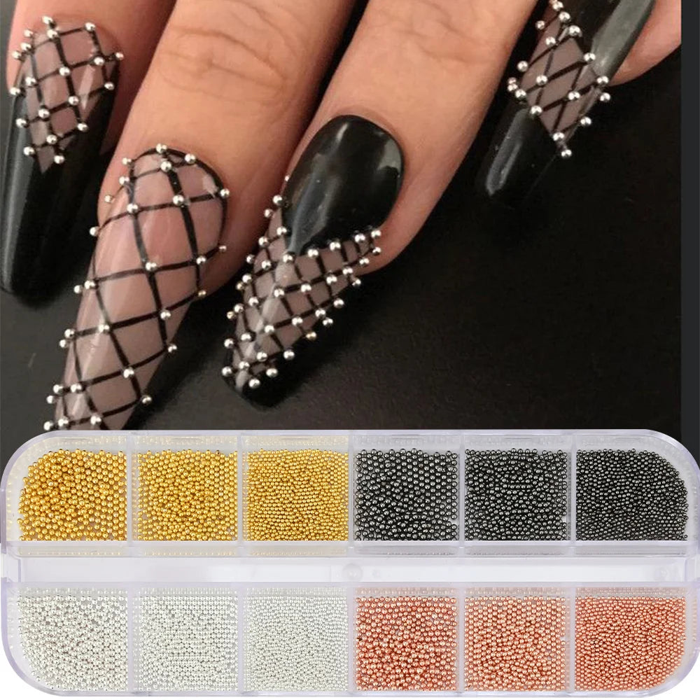 12Grids Gold/Silver Steel Beads Nail Art Charms Christmas Mixed-Size Caviar Bead With 1 Magnetic Pen Manicure Decor Rhinestones