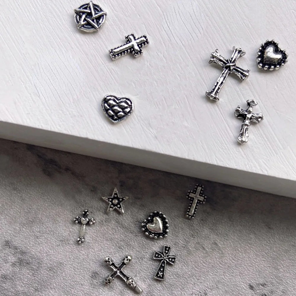 50pcs Mini Alloy Cross Nail Art Charm 3D Small Chrome Ancient Silver Heart Nail Decoration Jewelry Punk Design Nail Accessories