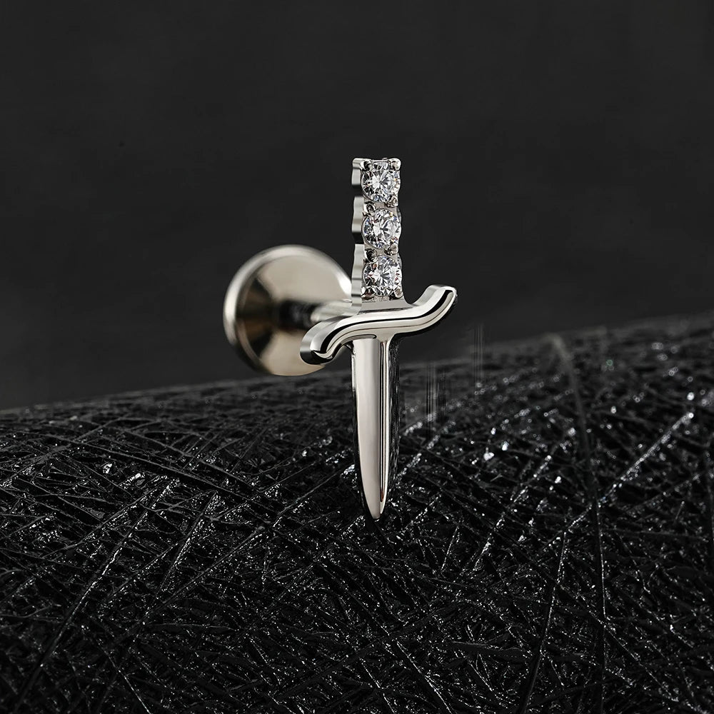 Right Grand ASTM F136 Titanium Cubic Zirconia Sword Flat Back Stud Earring 16G Tiny Poniard Helix Tragus Cartilage Lip Piercing