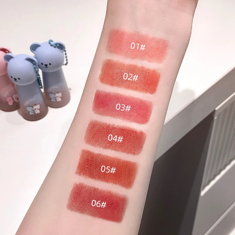 Gege Bear Cute Bear Pendant Matte Lip Glaze, Matte Velvet Lip Clay Long-lasting Color Non-drying Autum Winter Lipstick