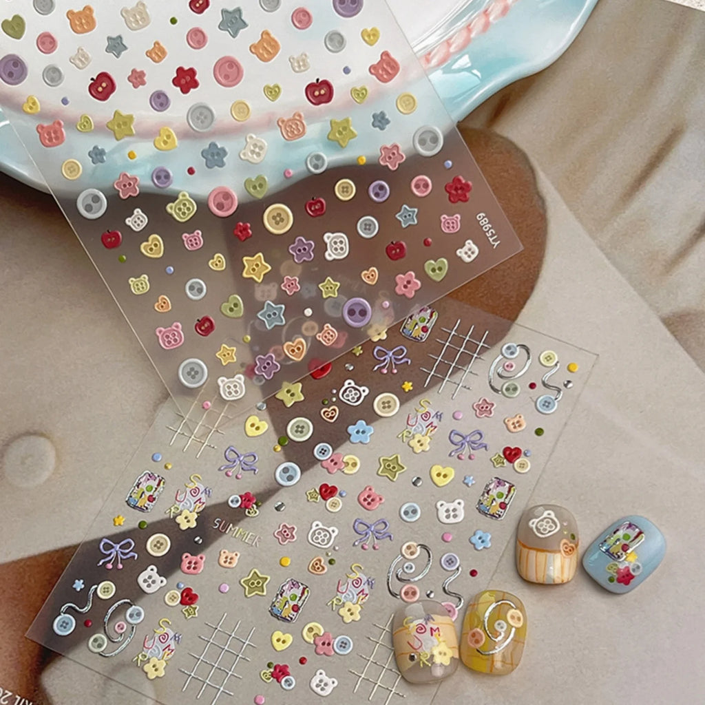 SUMMER Cute 5D Nail Art Sticker Color Button Bear Head Heart Star Bow Plaid Line Childlike Style Self Adhesive Decals Sweet DIY