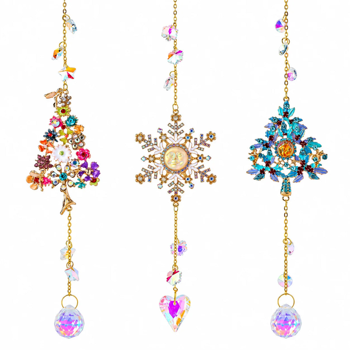 Crystal Christmas Tree Suncatcher Hanging Ornament with Rainbow Prism Ball, Sparkling Window Decor for Home Garden Gift