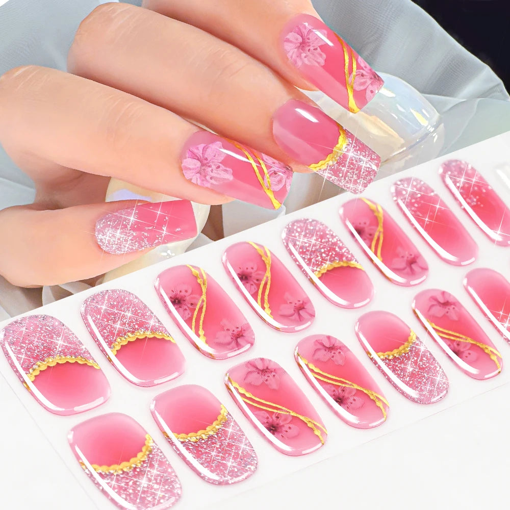 16Tips Sparkling Glitter French Gel Nail Strips 3D Flower Baking Free UV Gel Nail Wrap Decals DIY Long Lasting Full Nail Sticker