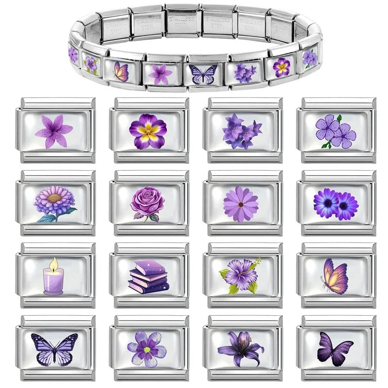 2026 Women's UV Style Purple 3D Flowers Books Candle Italian Charm Link Fit 9mm Stainless Steel Module Bracelet Making Jewelrys