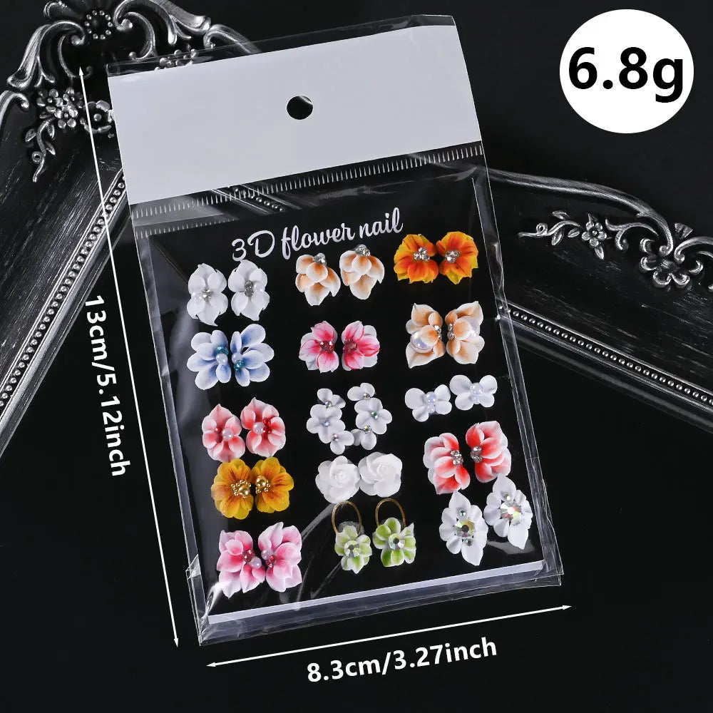 5/30Pcs Mixed 3D Handmade Acrylic  Flowers Nail Charms With Glitter Mini Pearl/Diamond Carving Flower DIY Nail Sculpture Flowers