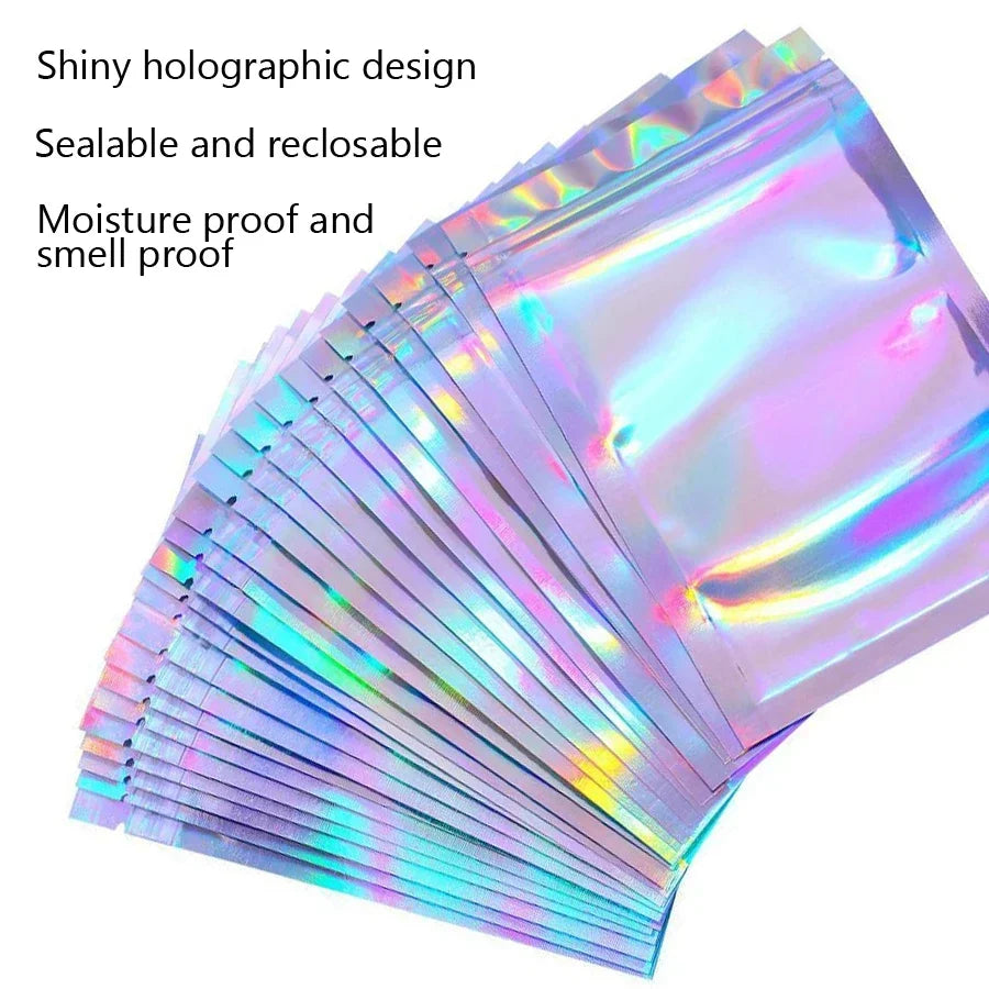 10Pcs Holographic Foil Resealable Zip Bags for Nail Rhinestones Jewelry Makeup Gel Polish Packaging Gift Pouch