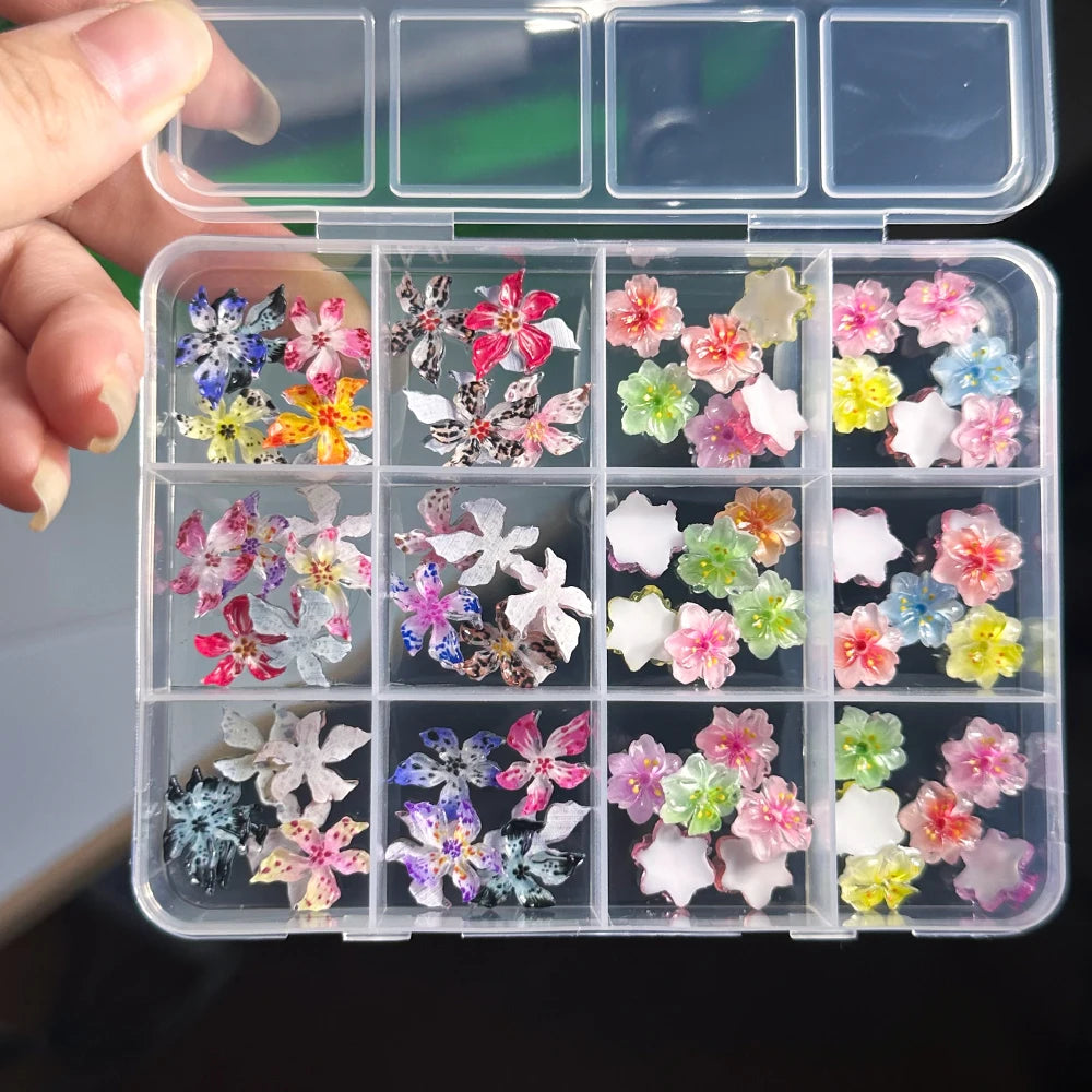72Pcs 3D Crystal Jelly Soft Spotted Flower Nail Charms Transparent Leopard Lily Hibiscus Hawaiian Floral Nail Decor Nail Supplie