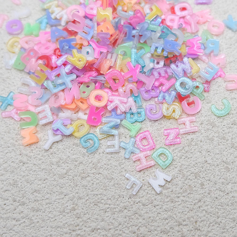 100pcs Mix Letter Nail Art Charms Candy Color with Glitter Resin Nail Rhinestones Kawaii Flatback Alphabet DIY Craft Supplies