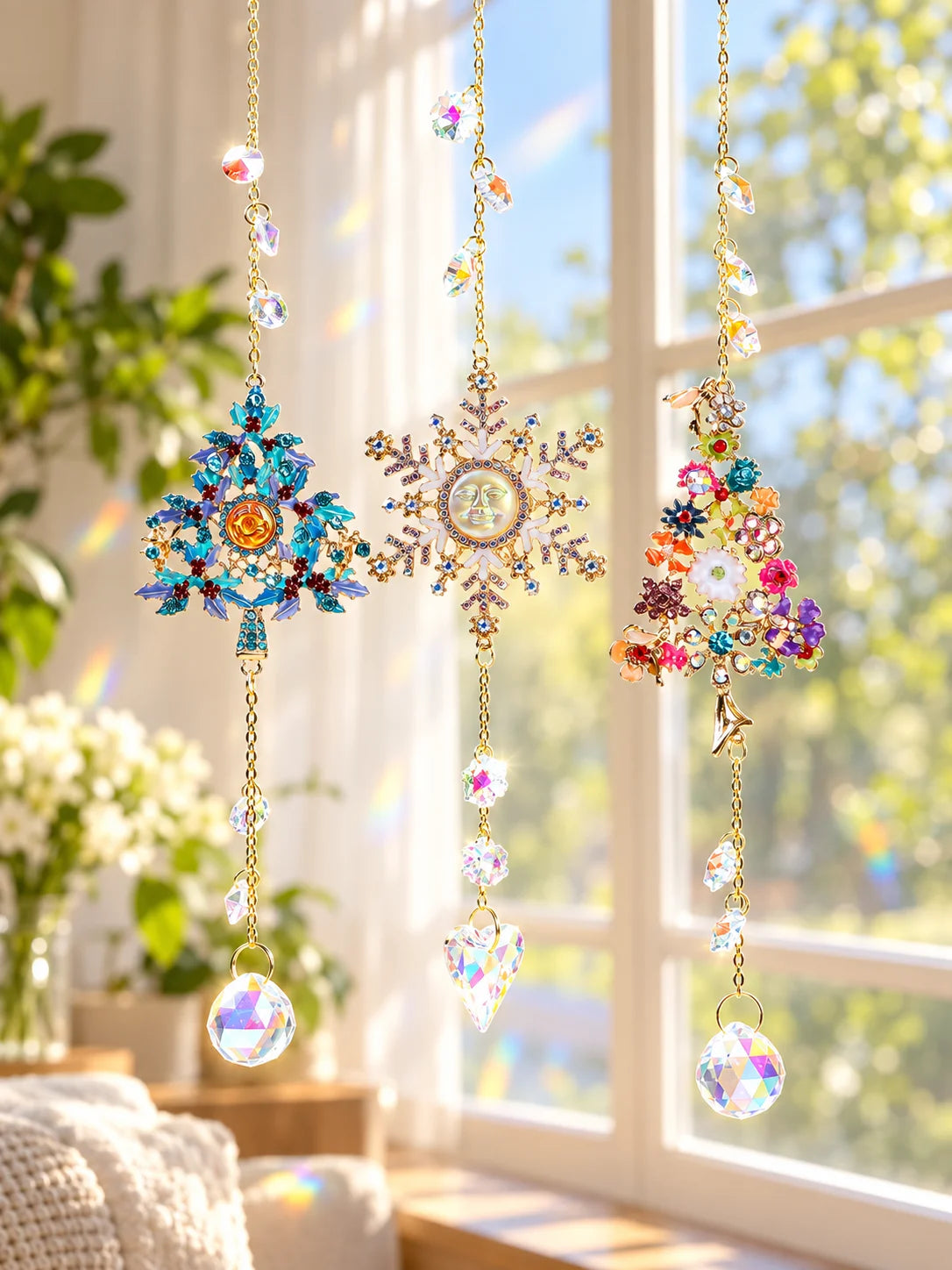 Crystal Christmas Tree Suncatcher Hanging Ornament with Rainbow Prism Ball, Sparkling Window Decor for Home Garden Gift