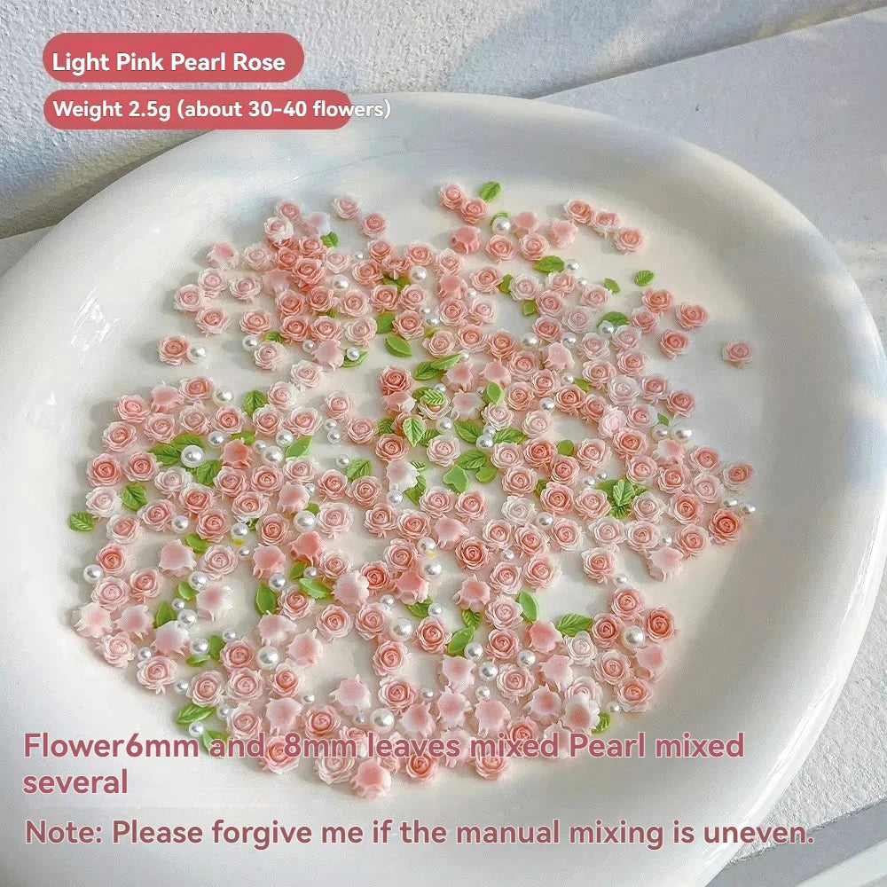 20pcs Lace Bow &30pcs 3D Mixed Size Pearl Resin Flower Pink Rose Nail Charms Accessories Nail Art Luxury Decoratons Supplies