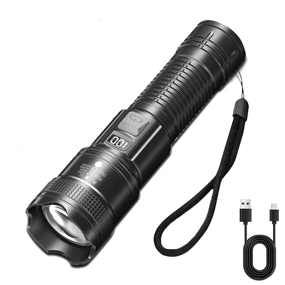 Bright LED Flashlight, USB Rechargeable Tactical Torch, Long Range Zoomable Waterproof Lamp for Camping Hiking Fishing Hunting