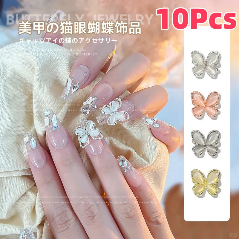 10Pcs 3D Hollow Cat Eye Butterfly Nail Art Charms Gold/Silver Inlaid Gem Crystal Butterfly Rhinestones DIY Alloy Manicure Decor